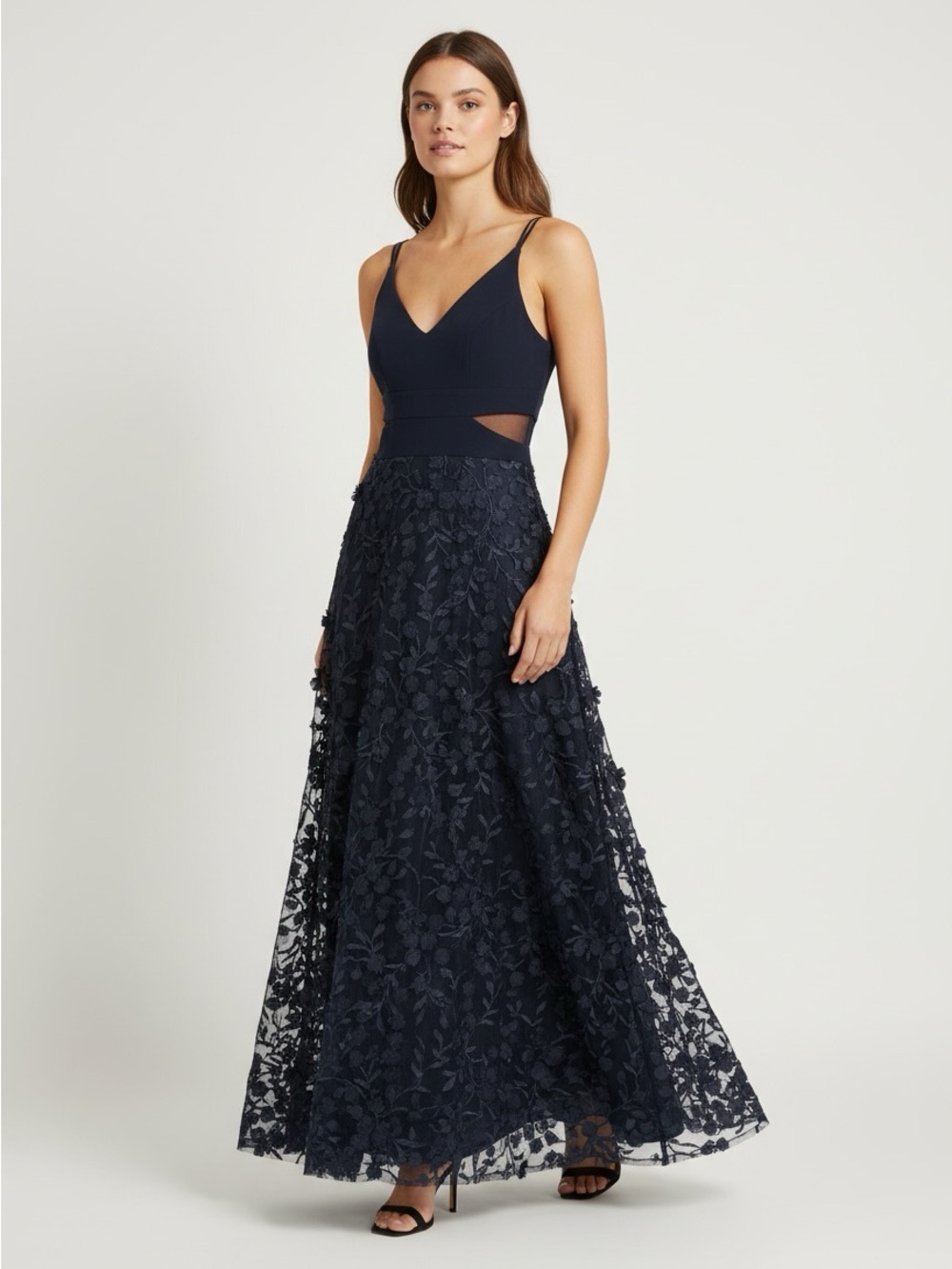 New Xscape Navy V-Neck Lace A-Line Evening Dress size 4 Retail $279